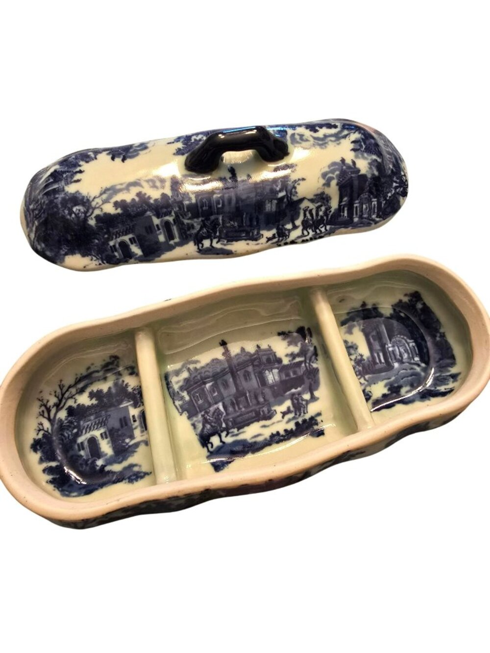 Iron Works Vintage Blue & White Ceramic Butter Dish Condiment Holder JH8024